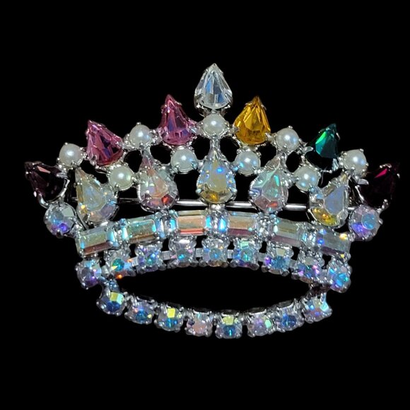 B David Crown Brooch Pin Family Crown Pin Rhinestones Faux Pearls Vintage - Picture 4 of 5